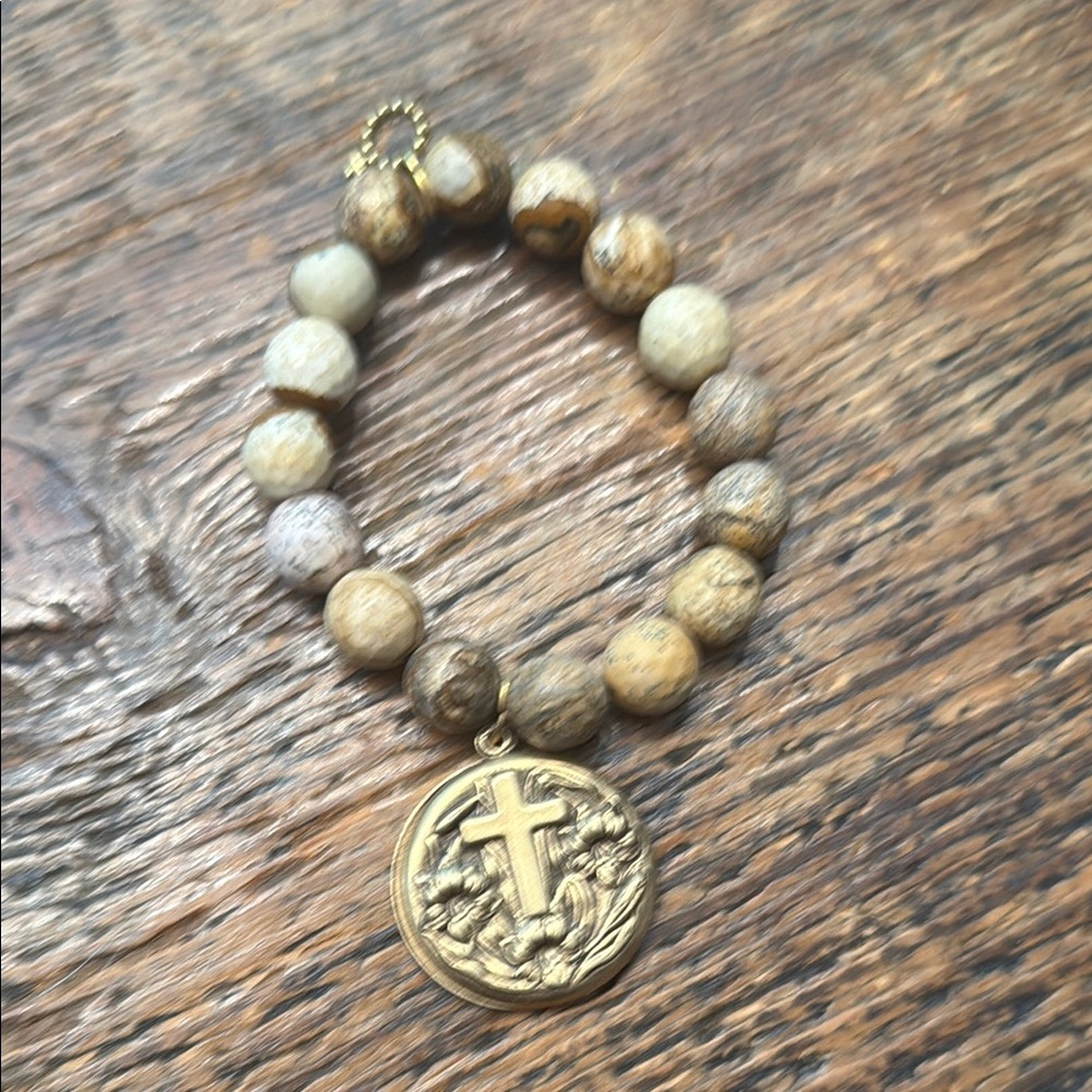 Powerbeads by Jen Gold and Brown Beaded Bracelet with Cross charm.
